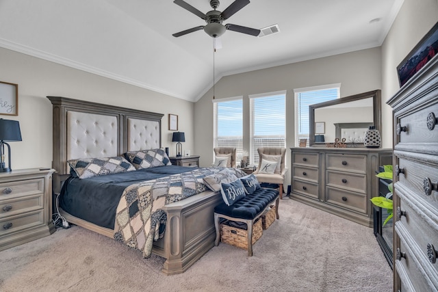 bedroom featuring light colored carpet, ceiling fan, and lofted ceiling