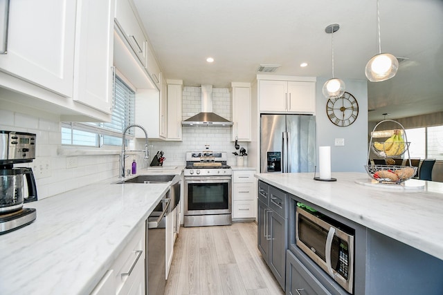 kitchen with decorative backsplash, appliances with stainless steel finishes, white cabinetry, and wall chimney exhaust hood