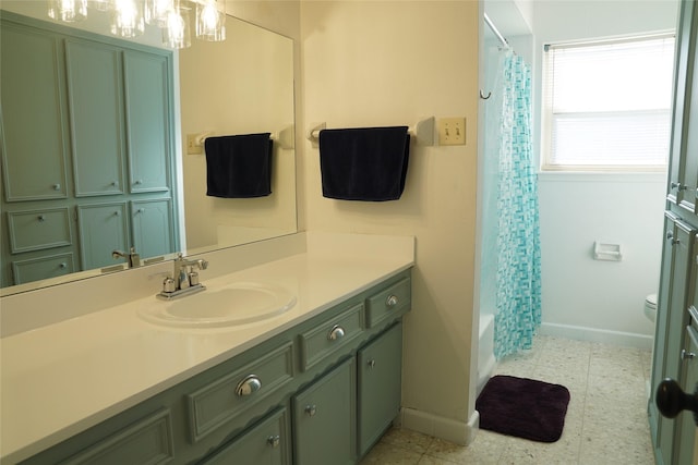 full bathroom featuring shower / bath combination with curtain, toilet, and vanity