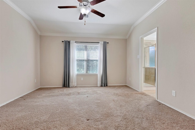 carpeted empty room featuring ceiling fan and ornamental molding