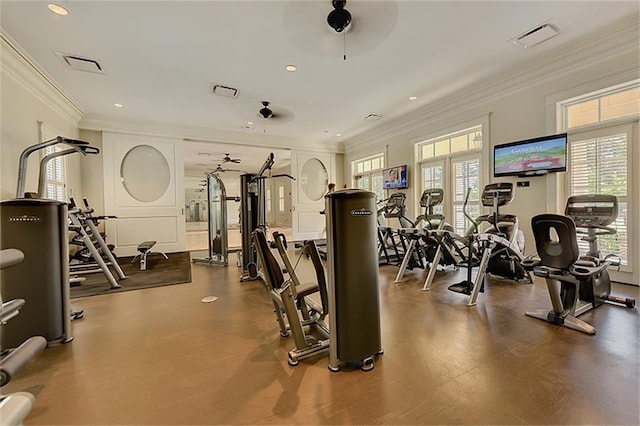 workout area with ceiling fan and crown molding