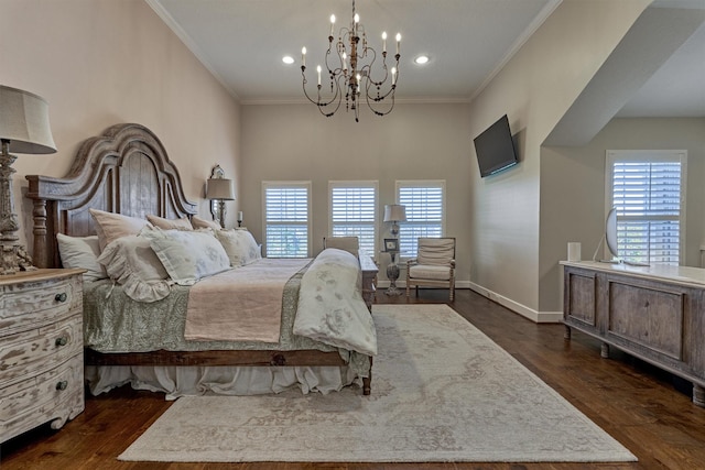 bedroom with multiple windows, crown molding, dark hardwood / wood-style floors, and a notable chandelier