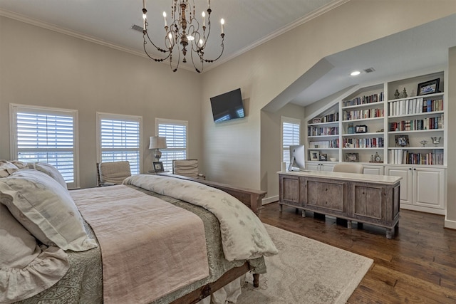 bedroom featuring crown molding, dark wood-type flooring, and a notable chandelier