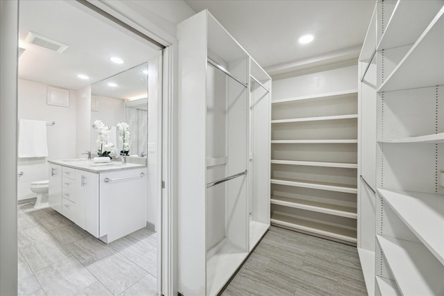 walk in closet featuring light wood-type flooring and sink