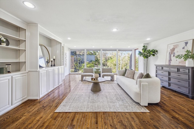 living room with floor to ceiling windows, crown molding, and dark wood-type flooring