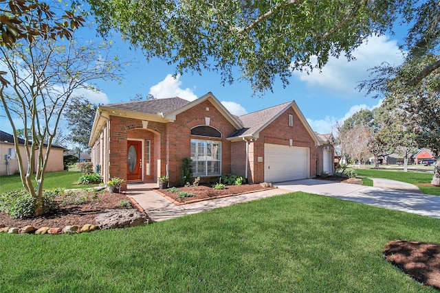 ranch-style home featuring a garage and a front lawn