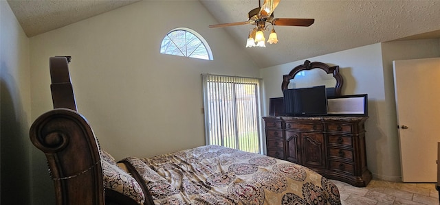 bedroom featuring ceiling fan, high vaulted ceiling, and a textured ceiling