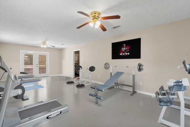 workout area with french doors, a textured ceiling, and ceiling fan