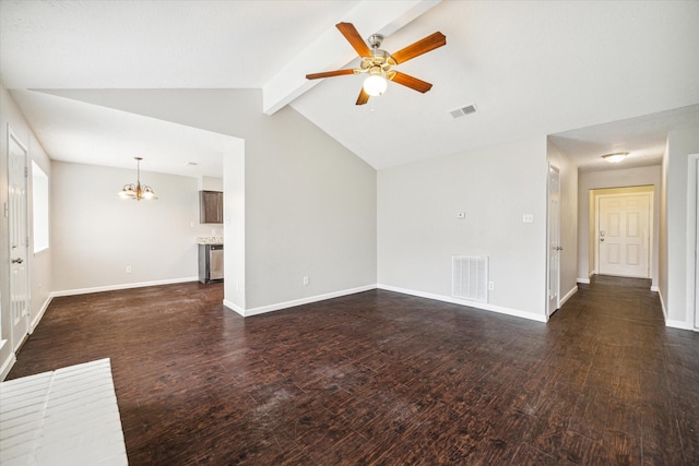 unfurnished living room with vaulted ceiling with beams, ceiling fan with notable chandelier, and dark hardwood / wood-style floors