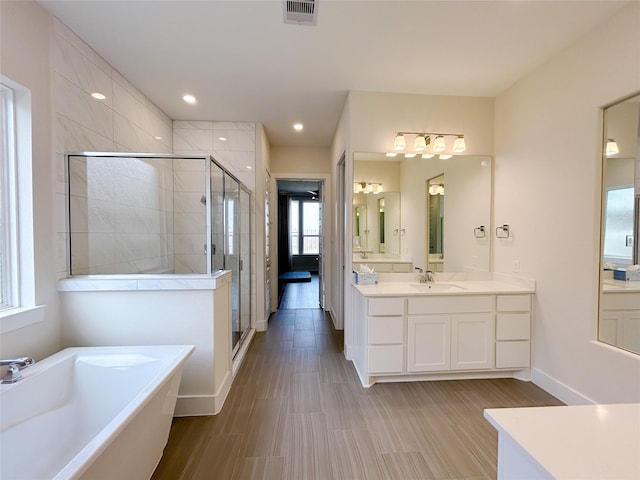 bathroom featuring vanity and separate shower and tub