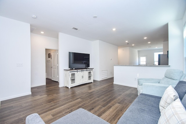 living room with dark hardwood / wood-style floors