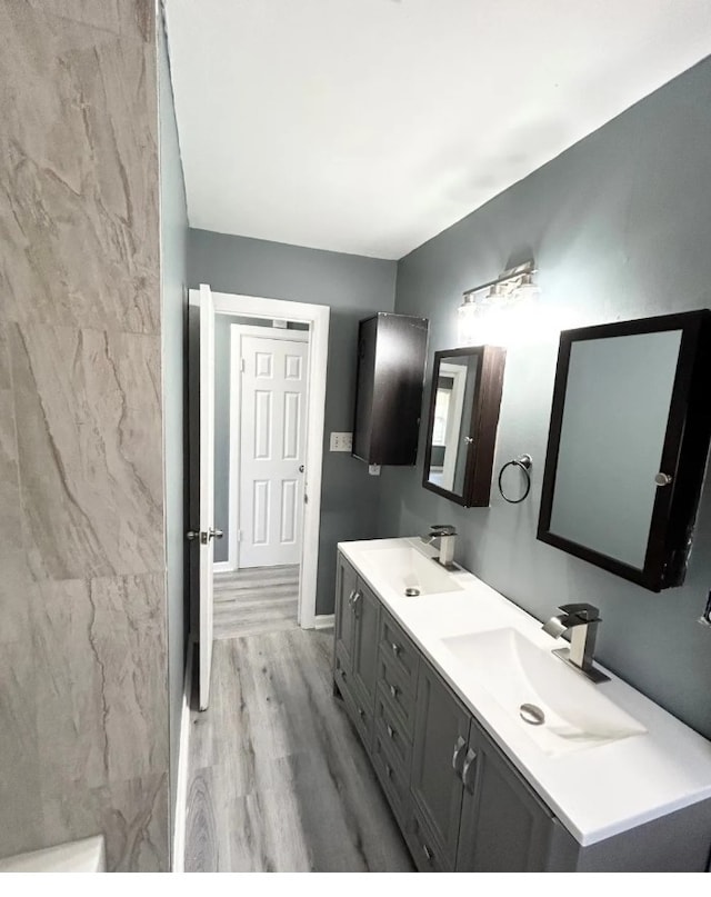 bathroom featuring hardwood / wood-style floors and vanity