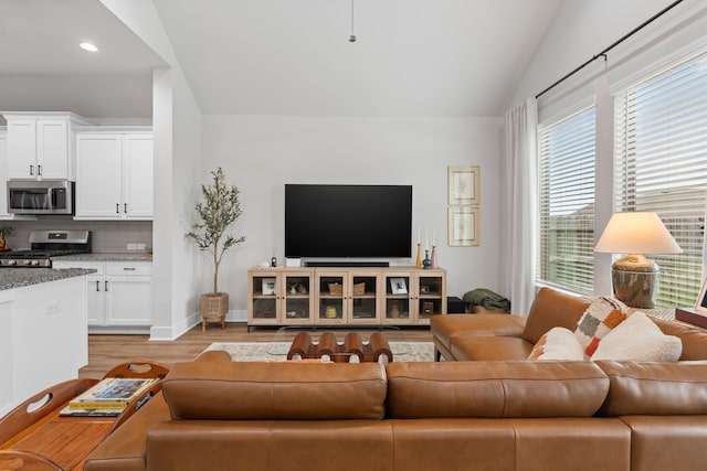 living room with light hardwood / wood-style flooring and lofted ceiling