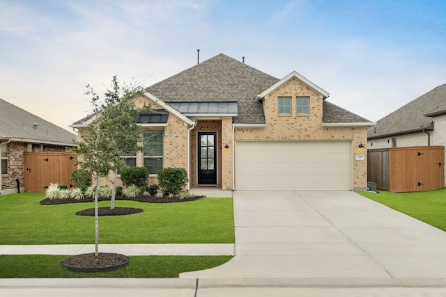 view of front of house with a yard and a garage