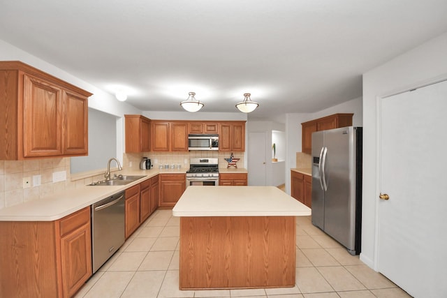 kitchen with stainless steel appliances, a kitchen island, sink, and backsplash