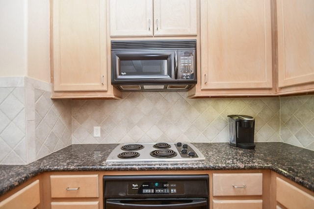 kitchen with black appliances, decorative backsplash, dark stone countertops, and light brown cabinetry