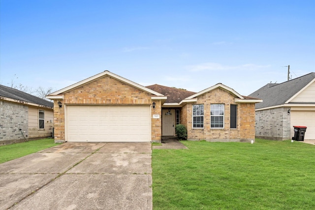 single story home with a garage and a front yard