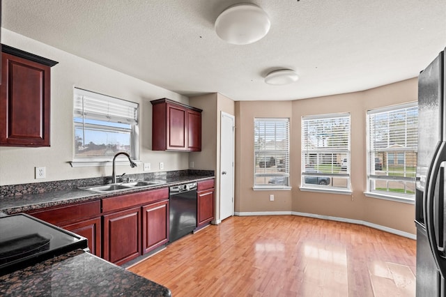 kitchen with black appliances, light hardwood / wood-style floors, sink, and a wealth of natural light