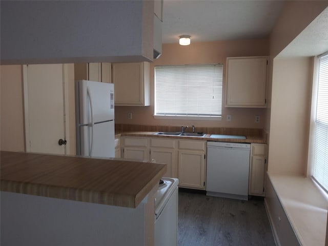 kitchen with white cabinets, dark hardwood / wood-style flooring, white appliances, and sink