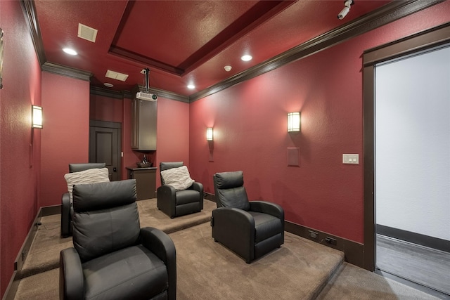 carpeted cinema room featuring ornamental molding and a tray ceiling