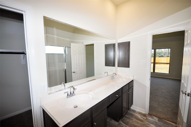 bathroom with vanity and hardwood / wood-style flooring