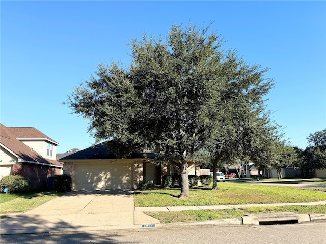 obstructed view of property featuring a front yard and a garage