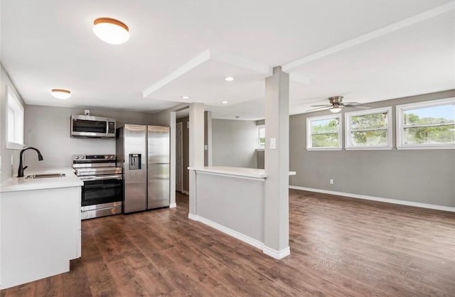 kitchen with dark hardwood / wood-style flooring, stainless steel appliances, ceiling fan, and sink