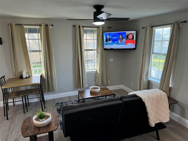 living room featuring hardwood / wood-style floors and ceiling fan