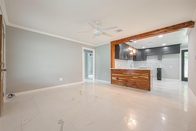 kitchen with tasteful backsplash, ceiling fan, and crown molding