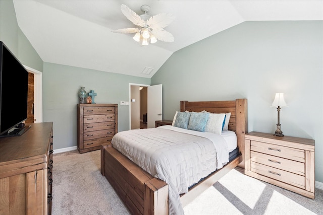 carpeted bedroom featuring ceiling fan and lofted ceiling