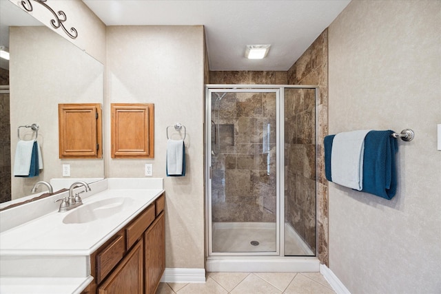 bathroom featuring tile patterned flooring, vanity, and a shower with door