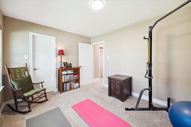 workout area featuring light carpet