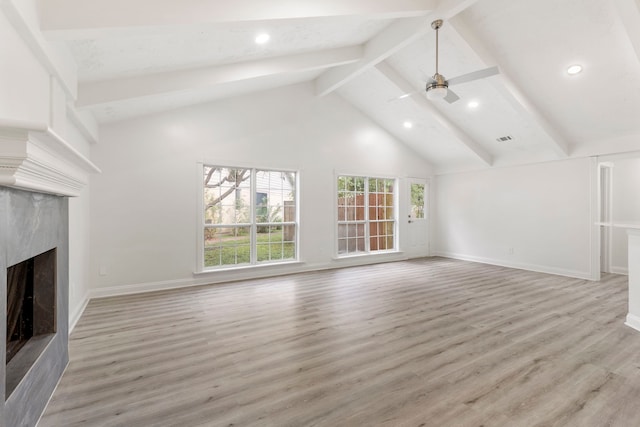 unfurnished living room featuring light wood-type flooring, ceiling fan, beam ceiling, high vaulted ceiling, and a fireplace