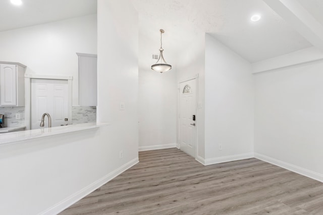 foyer with sink and light hardwood / wood-style flooring