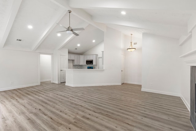 unfurnished living room featuring beam ceiling, high vaulted ceiling, light hardwood / wood-style flooring, and ceiling fan