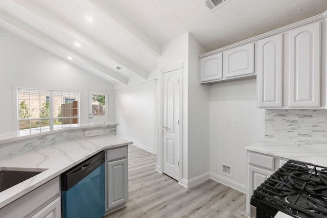 kitchen featuring white cabinets, light stone counters, lofted ceiling with beams, dishwasher, and black gas range