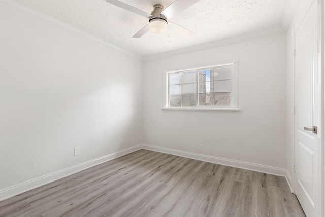 unfurnished room with a textured ceiling, light hardwood / wood-style flooring, ceiling fan, and crown molding