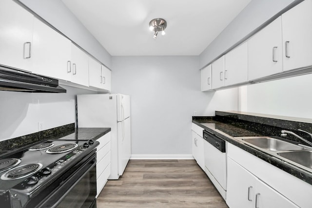 kitchen featuring sink, white appliances, white cabinetry, and range hood