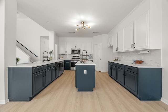 kitchen featuring white cabinetry, sink, a kitchen island with sink, appliances with stainless steel finishes, and light wood-type flooring