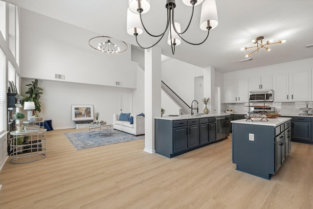 kitchen with sink, hanging light fixtures, a kitchen island, white cabinetry, and stainless steel appliances