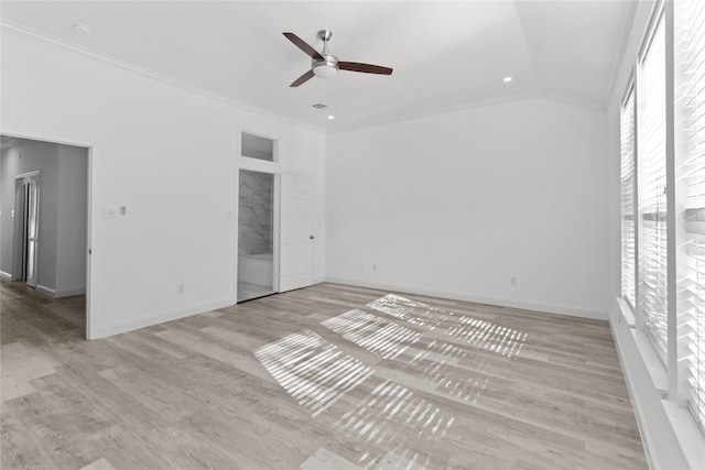 unfurnished bedroom featuring ceiling fan, ensuite bath, light hardwood / wood-style flooring, and crown molding