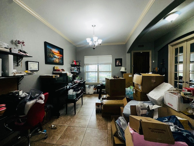 office area with light tile patterned flooring, ornamental molding, french doors, and a chandelier