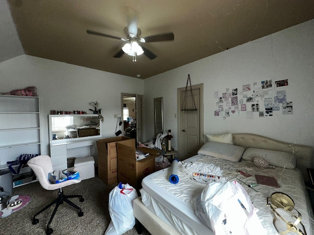 bedroom with ceiling fan and carpet floors