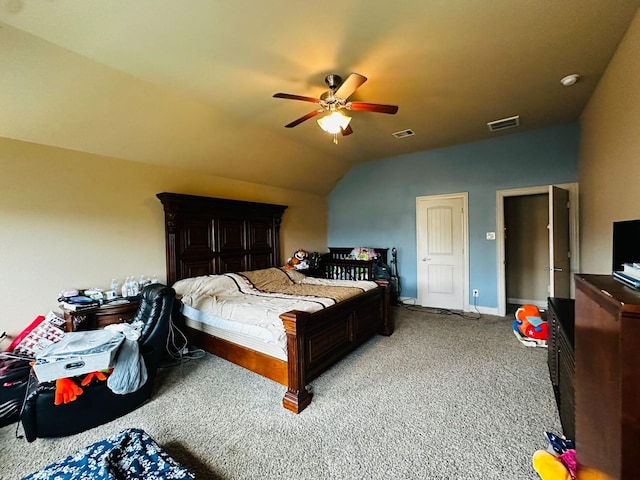 bedroom with carpet, ceiling fan, and lofted ceiling