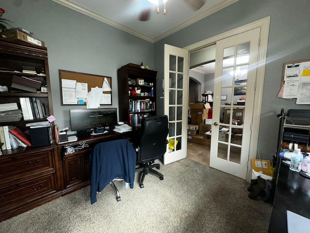 carpeted office with crown molding, french doors, and ceiling fan