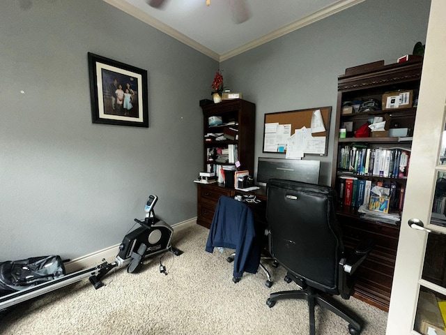 carpeted home office with ceiling fan and crown molding