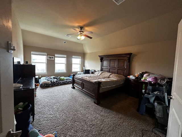 carpeted bedroom featuring ceiling fan and lofted ceiling