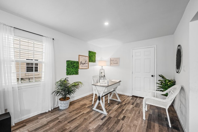 home office featuring dark wood-type flooring