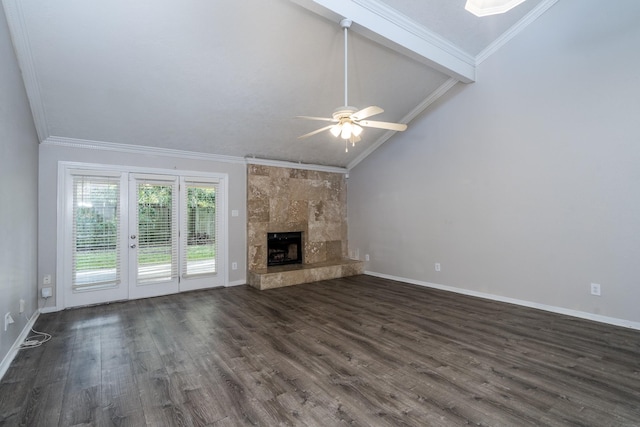 unfurnished living room with ceiling fan, a high end fireplace, dark hardwood / wood-style floors, and lofted ceiling