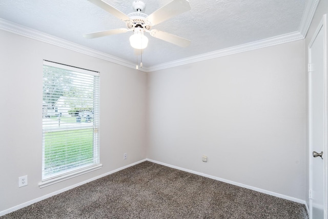 carpeted empty room with ceiling fan, crown molding, and a textured ceiling